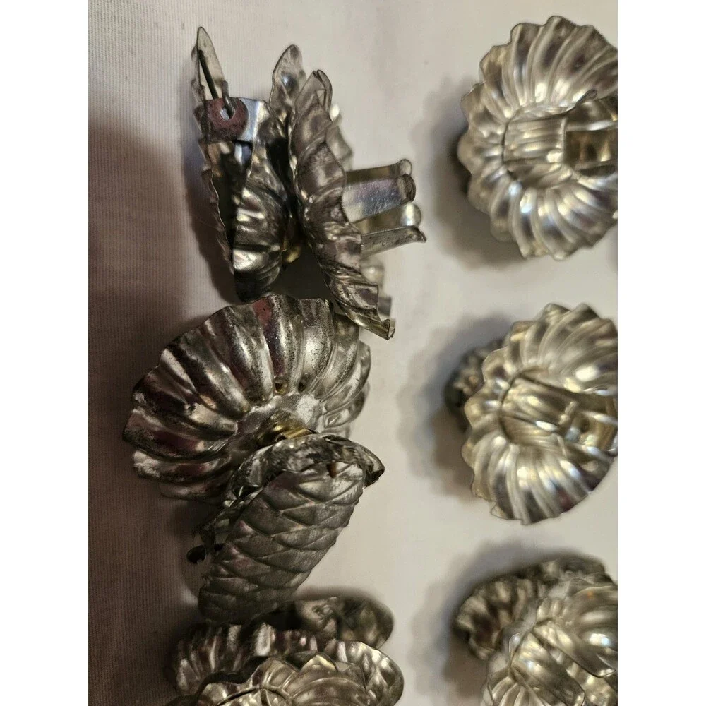 Vintage Christmas Tin Candle Holders Tree Clip Ons Pinecone Set of 12 Ornaments